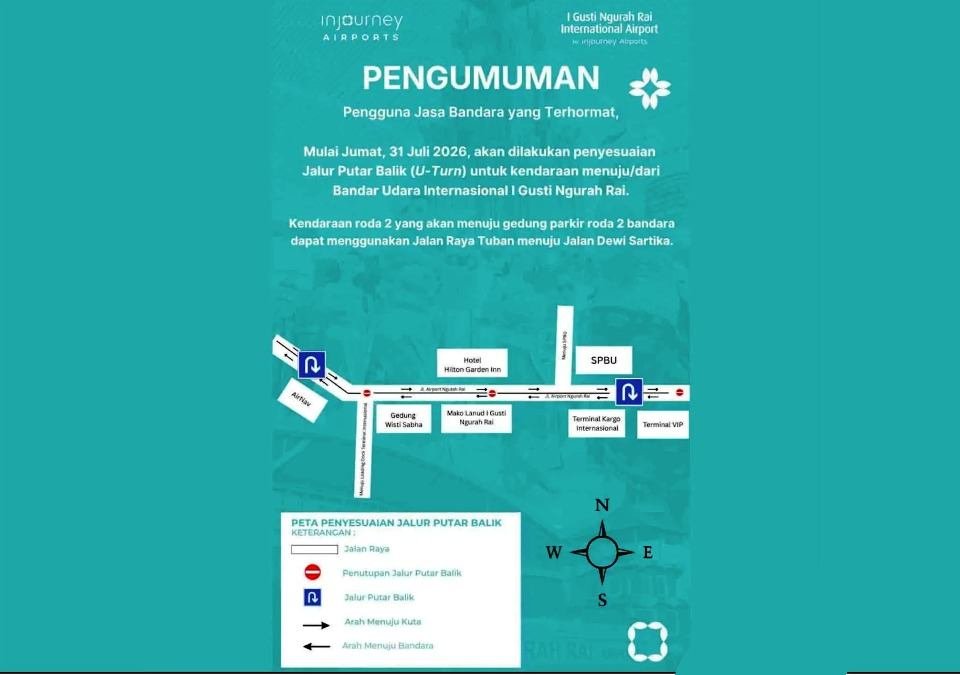 Akses Masuk Bandara Ngurah Rai Bali Berubah: 7 U-Turn Ditutup, Simak Rute Barunya!